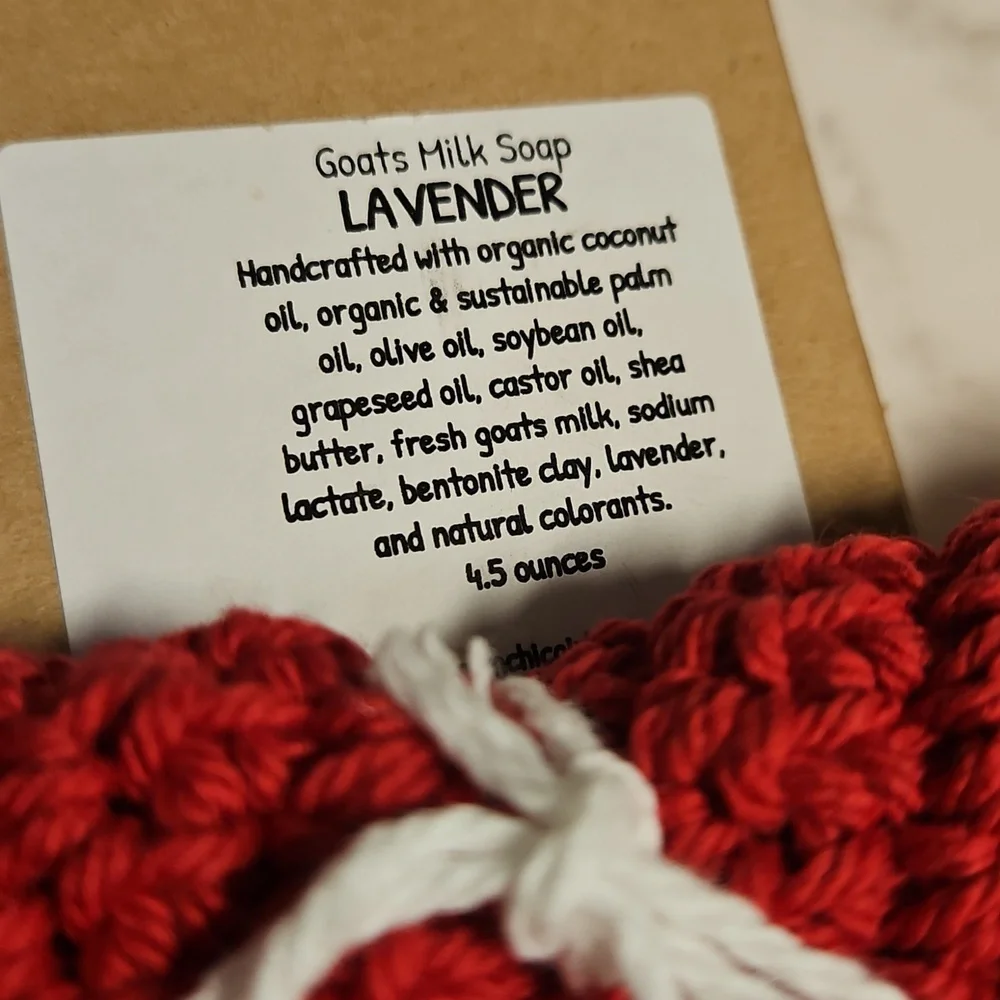 Handcrafted Goatsmilk Soap LAVENDER with Red And White Wash Cloth